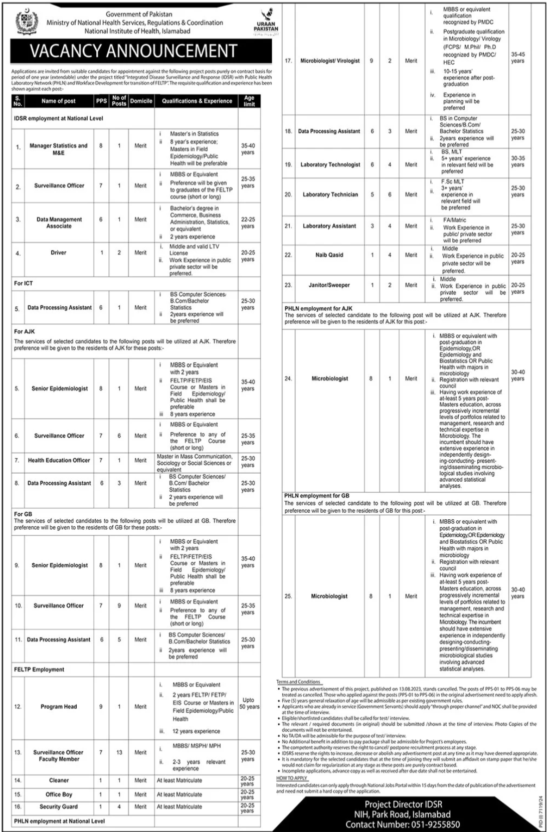 National Institute Of Health NIH Islamabd Jobs 2025 – National Institute of Health and Management Sciences Jobs 2025 — original advertisement