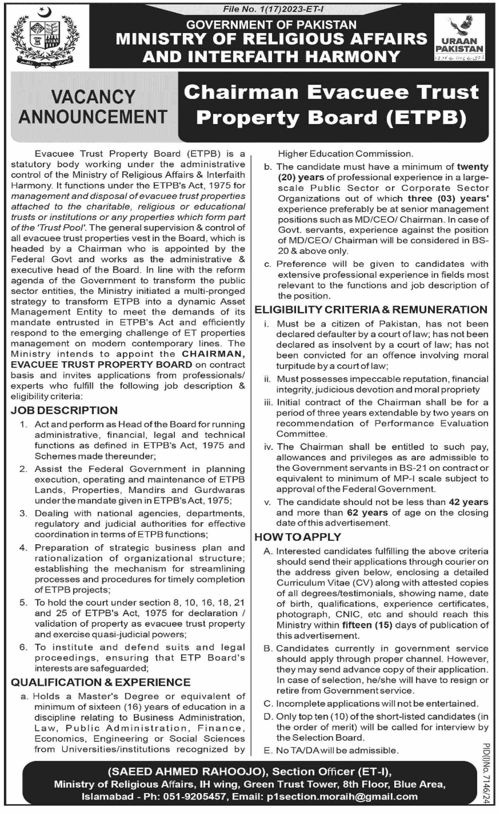 Ministry Of Religious Affairs & Interfaith Jobs 2025 – Ministry of Religious Affairs and Interfaith Harmony Pakistan Jobs 2025 — original advertisement