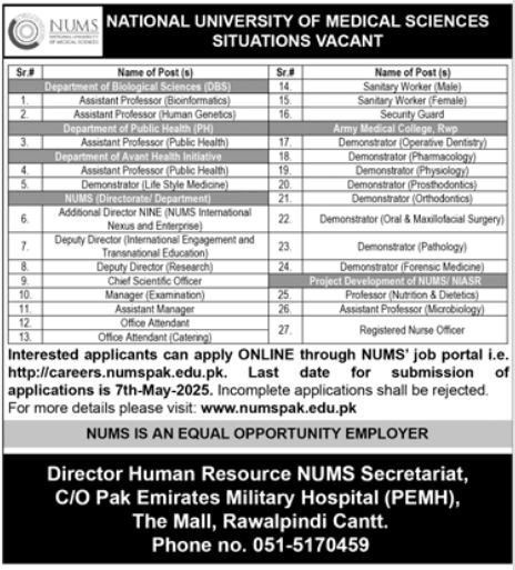National University Of Medical Sicences NUMS Jobs 2025 – National University of Medical Science NUMS Jobs 2025 — original advertisement