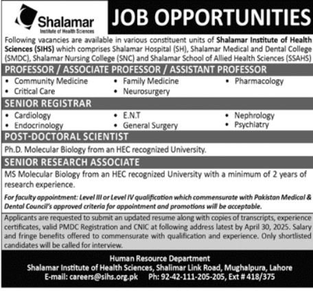 Shalamar Institute Of Health Sciences SIHS Jobs 2025 Jobs 2025 — original advertisement