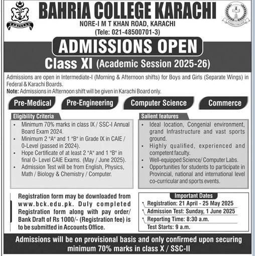 Admission Open in Bahria College Karachi Sindh 2025 – Bahria college karsaz Admissions 2025 — original advertisement