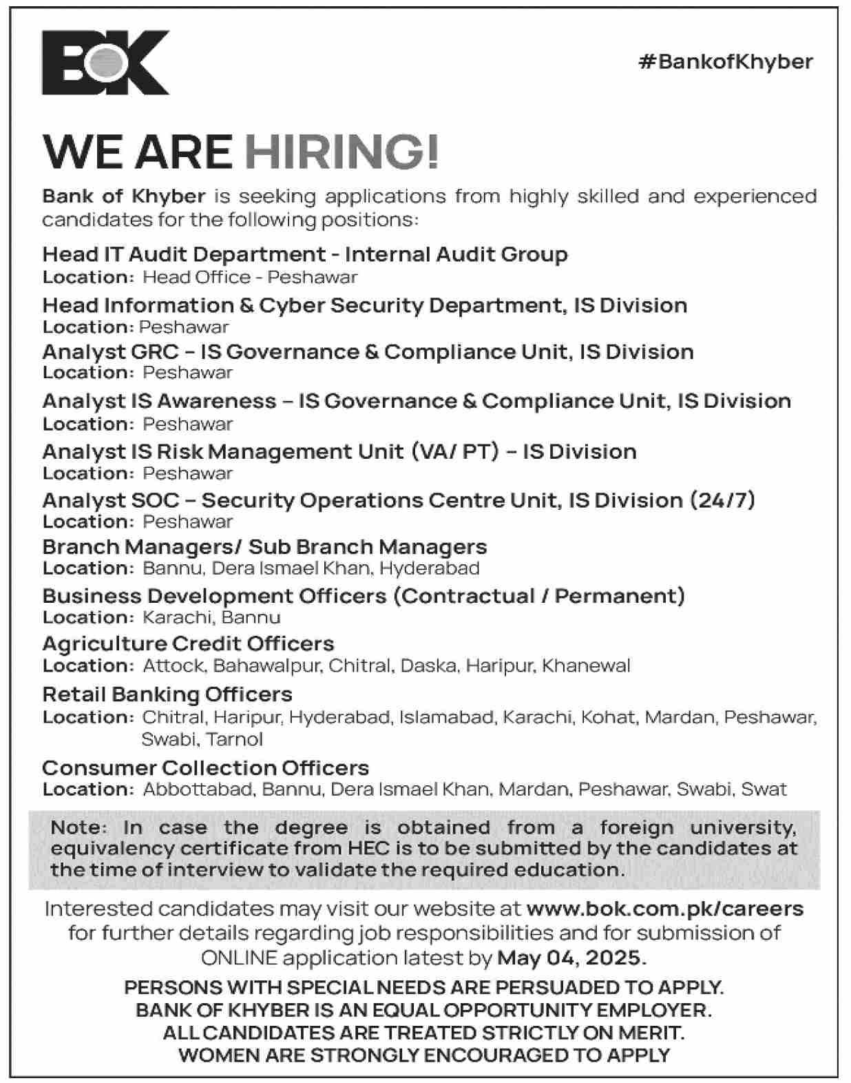 Bank of Khyber Peshawar Jobs 2025 Jobs 2025 — original advertisement