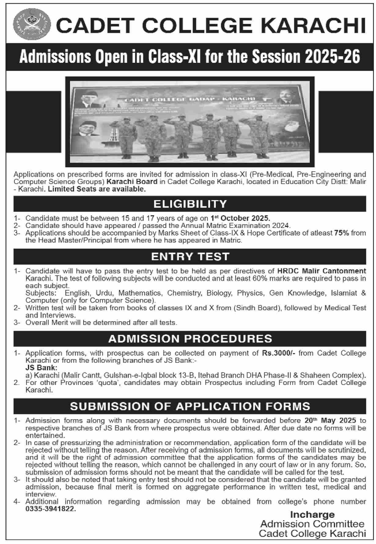 Admission Open in Cadet College Karachi Sindh Jobs 2025 – Cadet College Karampur Kashmore Sind Admissions 2025 — original advertisement