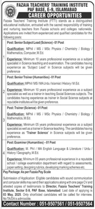 Fazaia Teachers Training Institute Paf Base Islamabad Jobs – Fazaia Schools & Colleges Jobs 2025 — original advertisement