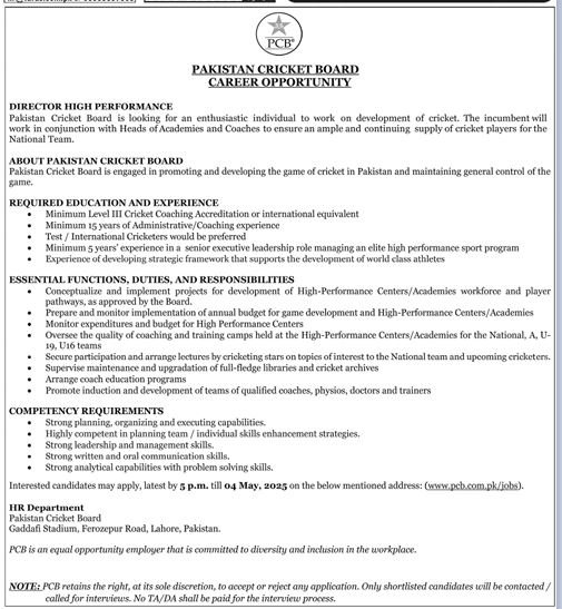 Pakisan Cricket Board PCB Lahore Jobs 2025 – Pakistan Cricket Board (PCB) Jobs 2025 — original advertisement
