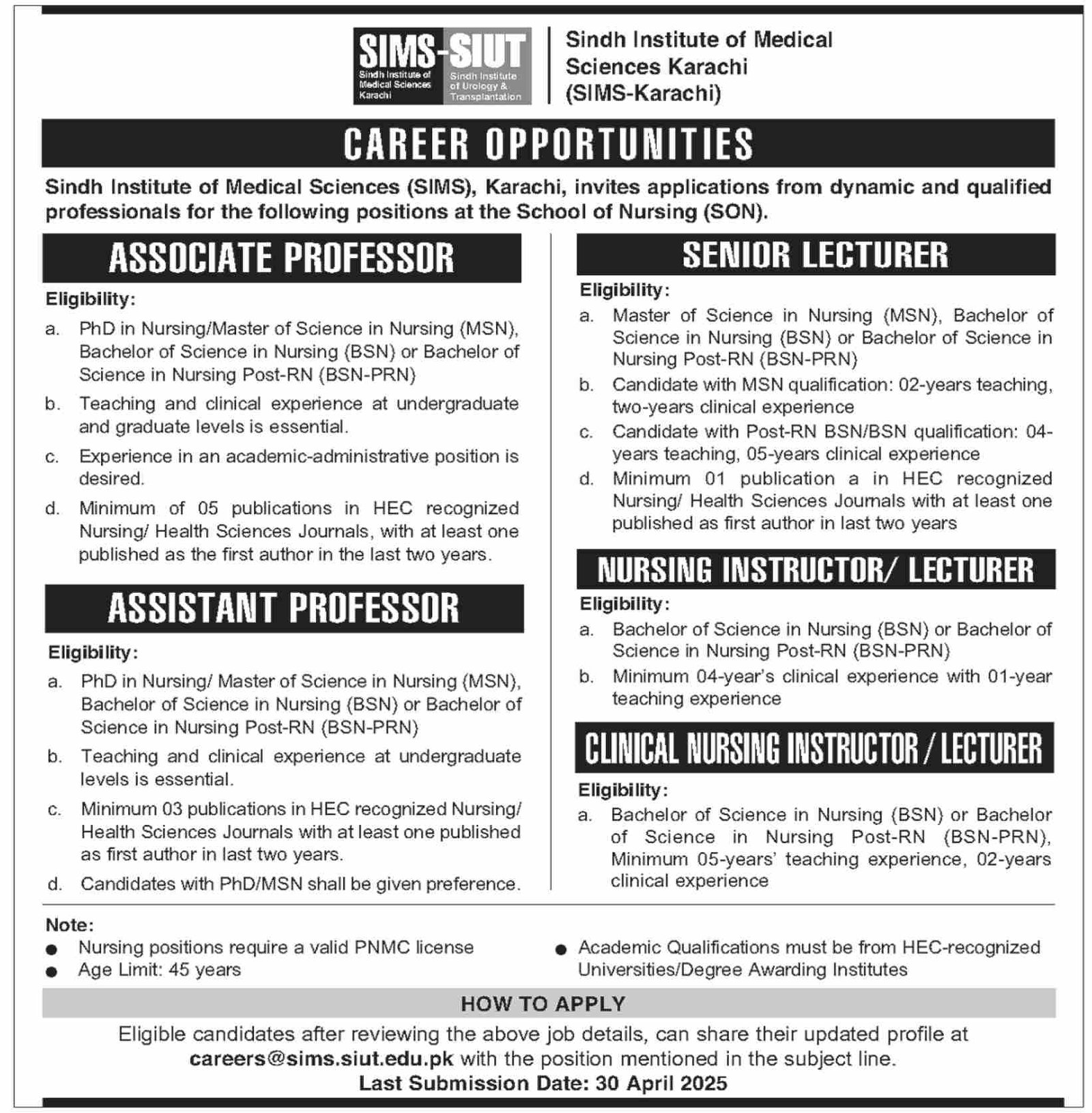 Sindh Institute of Medical Sciences Sims karachi Jobs 2025 – Sindh Institute of Urology and Transplantation SIUT Karachi Jobs 2025 — original advertisement