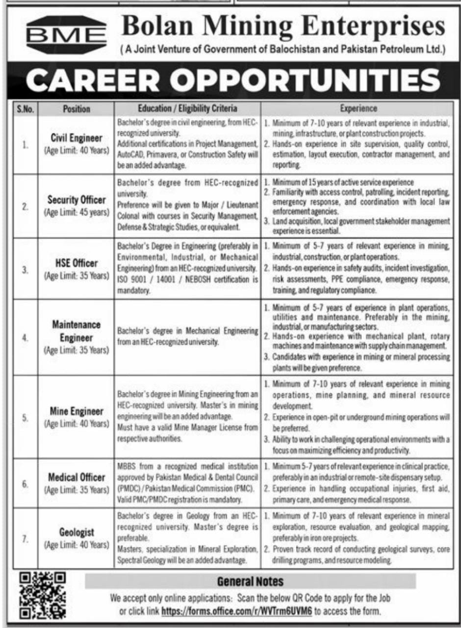 Bolan Mining Enterprises Engineering Staff Jobs 2025 Jobs 2025 — original advertisement
