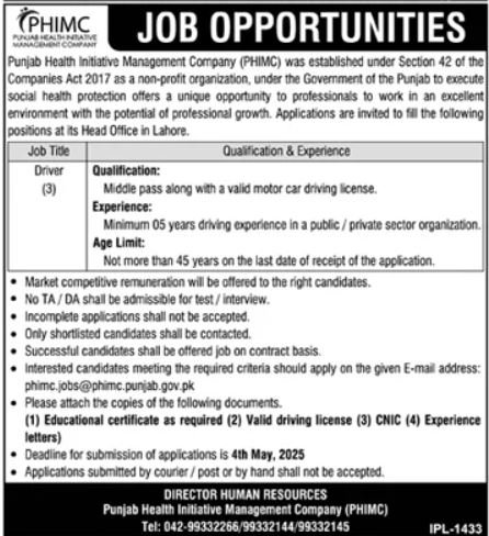 Punjab Health Initiative Management Company PHIMC Lahore Job – Punjab Health Facilities Management Company PHFMC Jobs 2025 — original advertisement