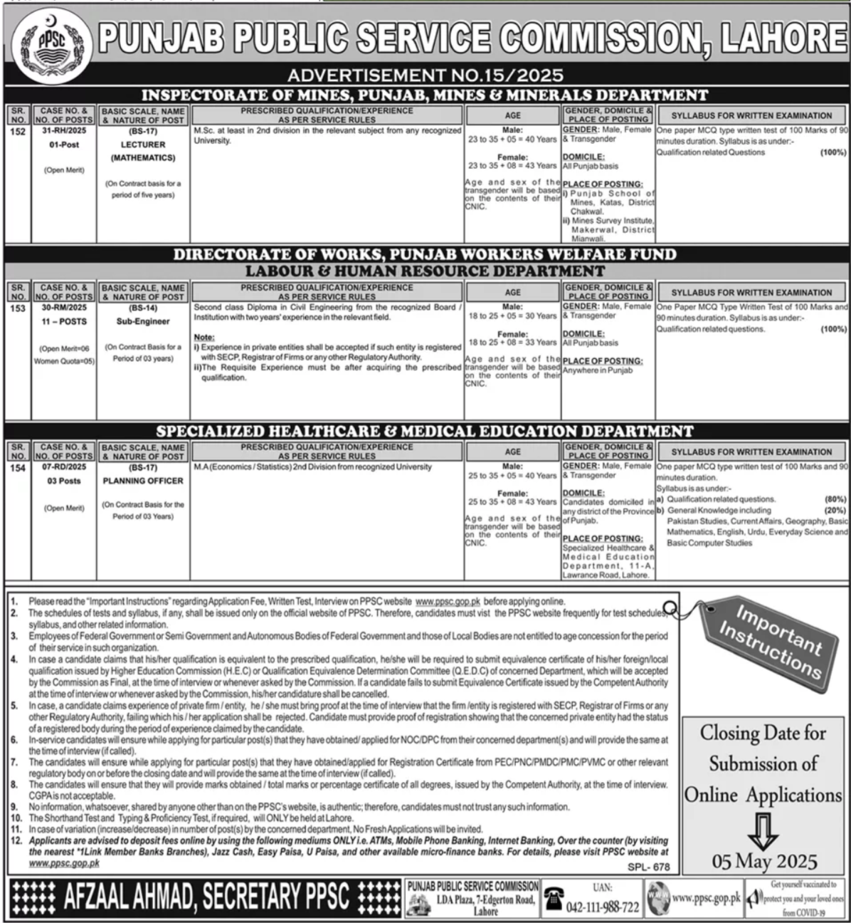 Punjab Public Service Commission PPSC Jobs 15/2025 – Punjab Public Service Commission Lahore Jobs 2025 — original advertisement