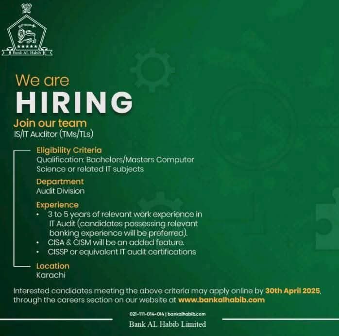 Bank Al Habib Limited Bahl Jobs 2025 – Bank AL Habib Limited (BAHL Jobs 2025 — original advertisement