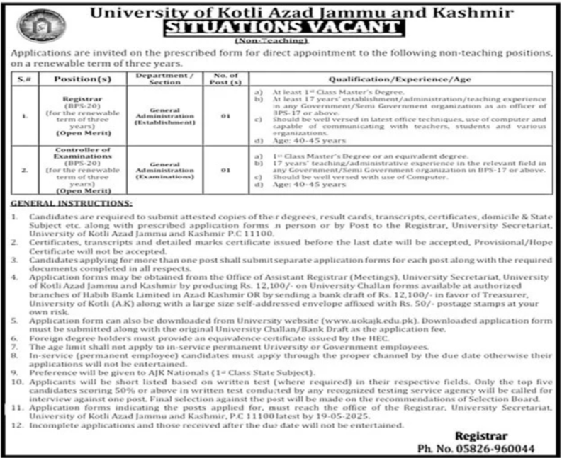 University Of Kotli Azad Jammu & Kashmir Jobs 2025 – University of Kotli Azad Jammu and Kashmir Jobs 2025 — original advertisement