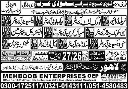 Backhoe Loader Operator & Electrical Repairman Jobs 2025 – Lahore Trade Test & Technical Training Center Jobs 2025 — original advertisement