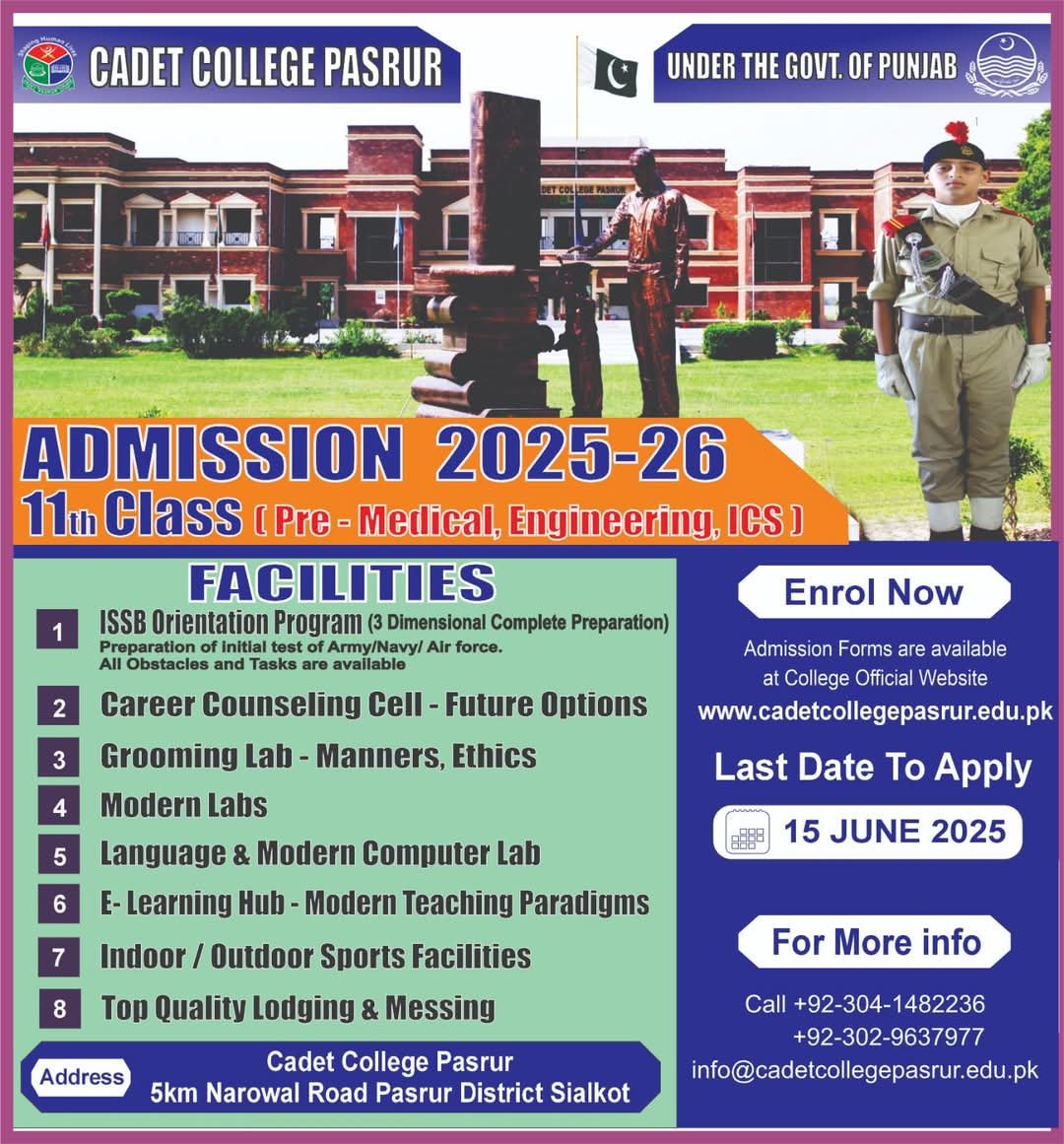 Admission Open in Cadet College Pasrur 2025 Admissions 2025 — original advertisement