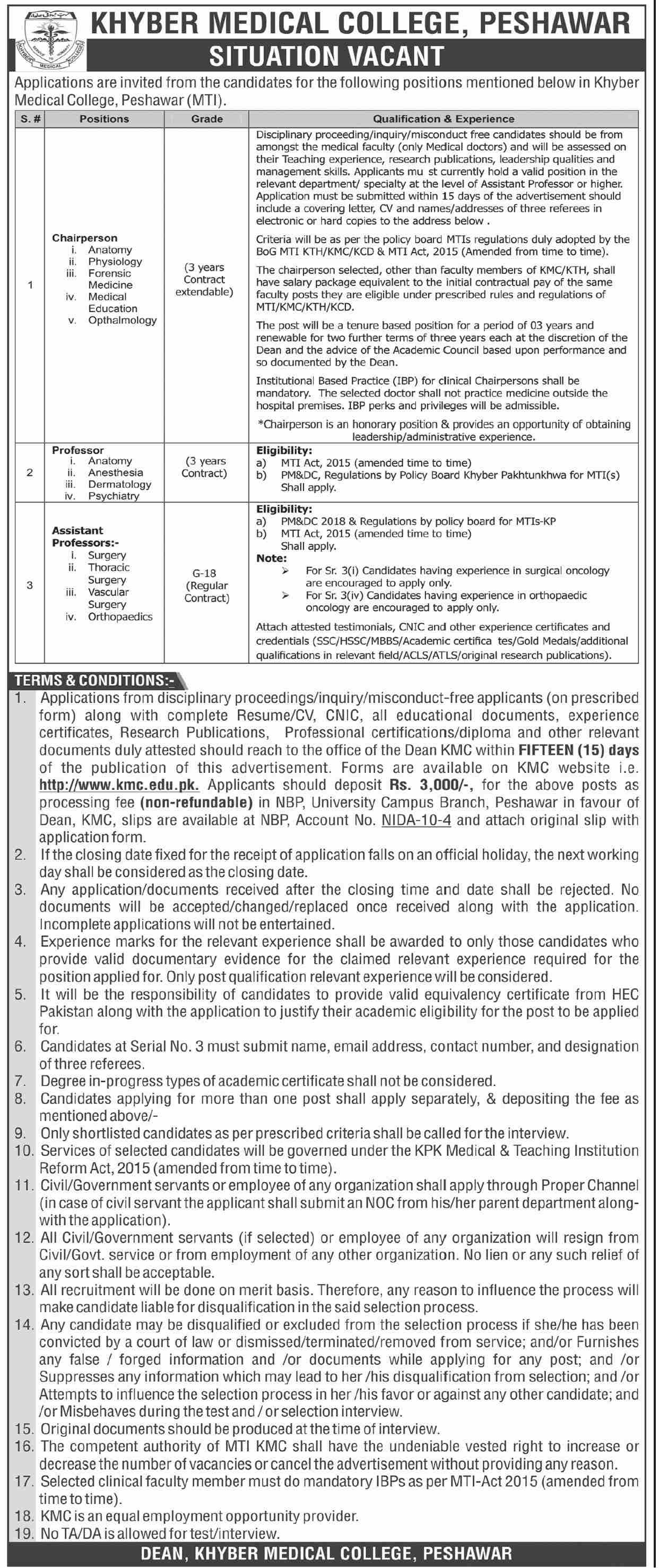 Khyber Medical College Peshawar Jobs 2025 – Khyber Medical College KMC Peshawar Jobs 2025 — original advertisement