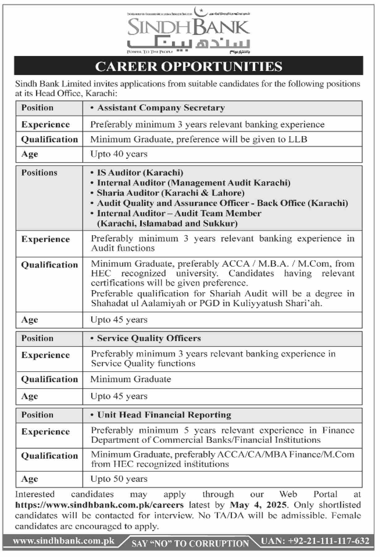 Sindh Bank Limited Karachi Jobs 2025 Jobs 2025 — original advertisement