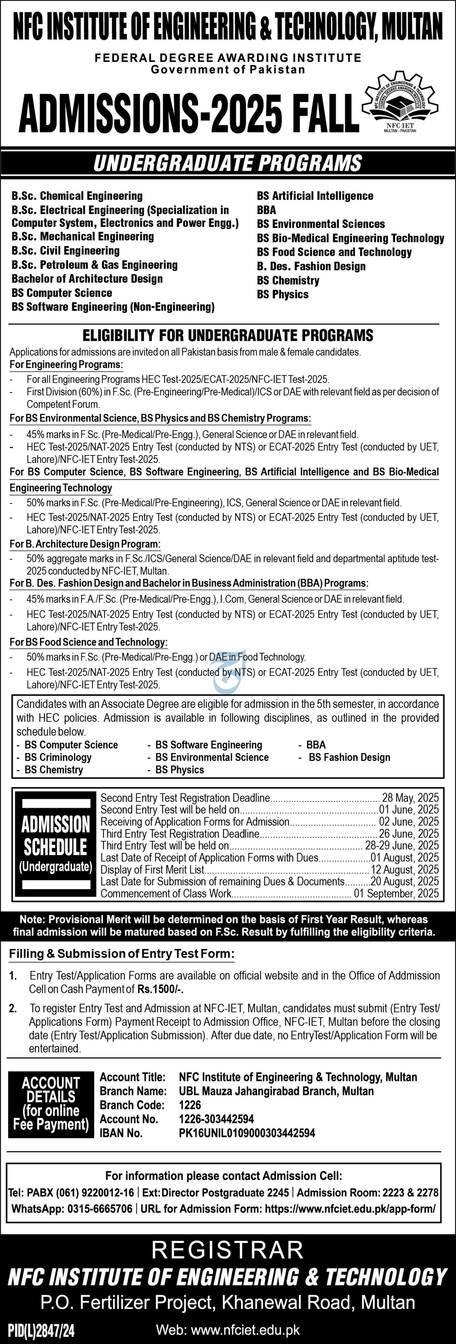 Admission Open in Nfc Institute of Engineering and Technolog – NFC Institute of Engineering & Technology Multan Admissions 2025 — original advertisement