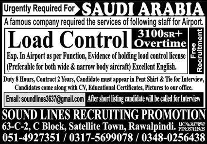 Load Control Jobs Open In Saudi Arabia 2025 – Sound Lines Recruiting Promotion Jobs 2025 — original advertisement