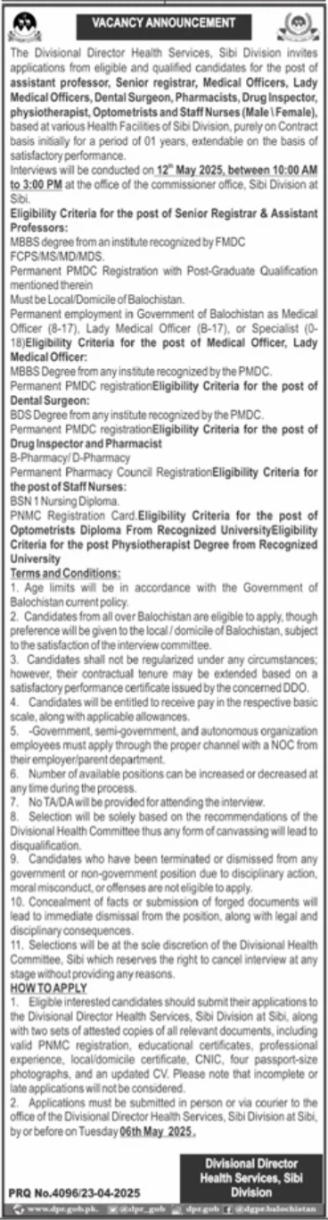 Health Services Sibi Jobs 2025 – Health Department Balochsitan Jobs 2025 — original advertisement