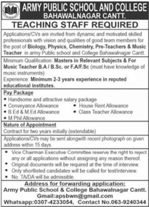 Army Public School & College APS&C Bahawalnagar Cantt Jobs – Army Public School & College Paksitan Jobs 2025 — original advertisement
