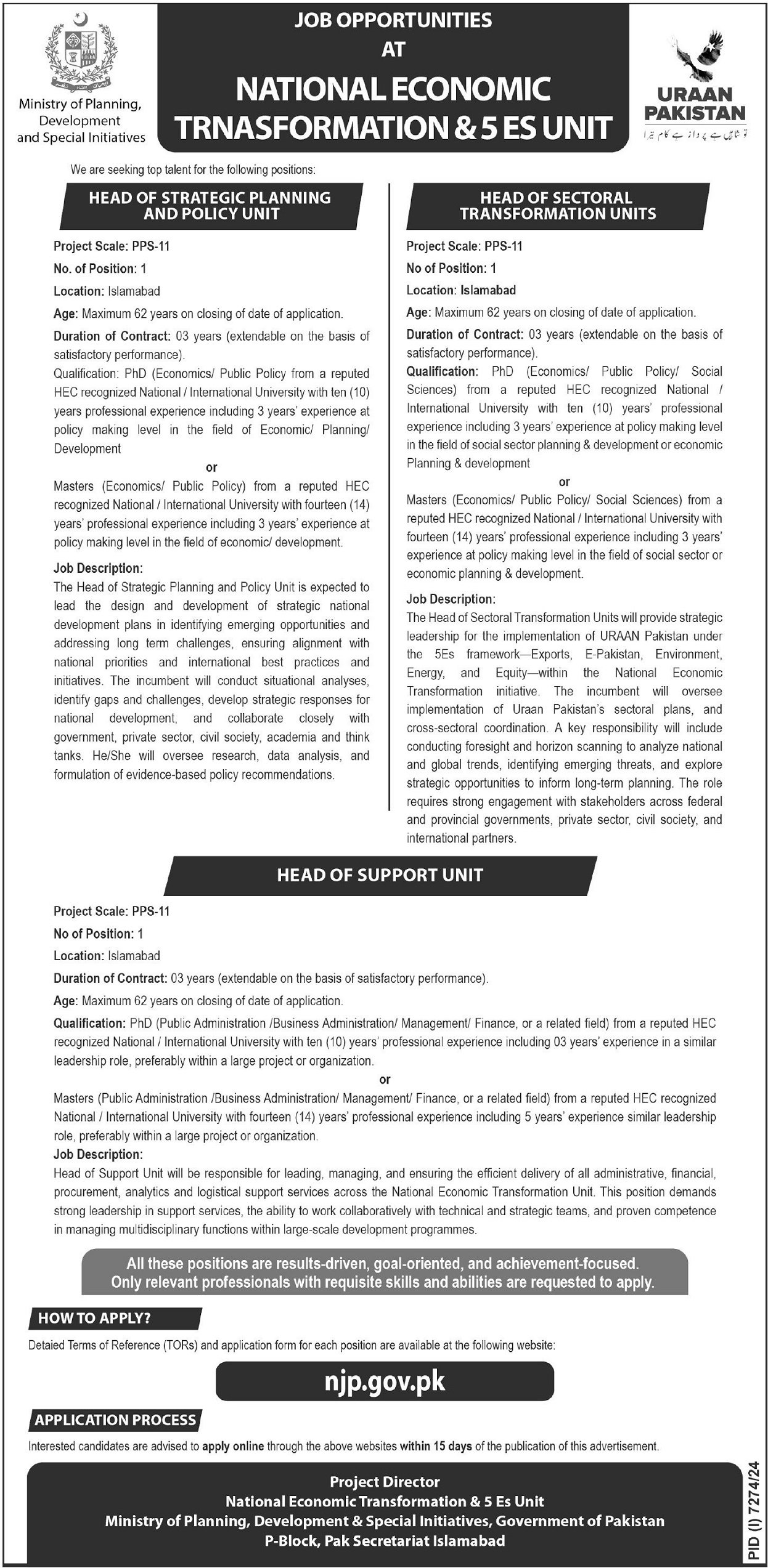 National Economic Transformation & 5 Es Unit Jobs 2025 – Ministry of Planning Development & Special Initiatives Islamabad Jobs 2025 — original advertisement