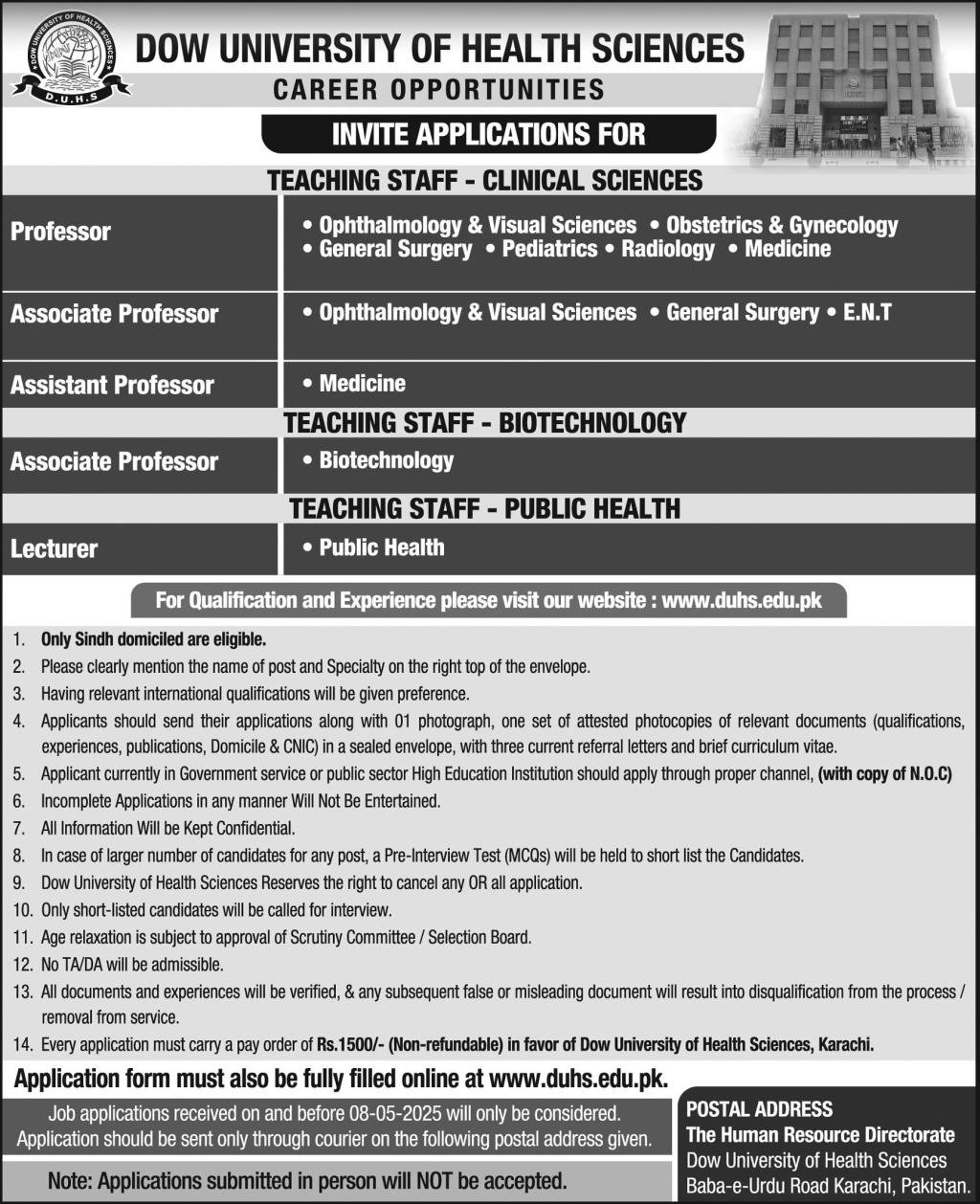 Dow University Of Health Sciences DUHS Karachi Jobs 2025 – Dow University of Health Sciences Karachi Jobs 2025 — original advertisement