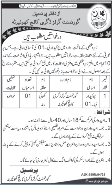 Government Girls Degree College Khuiratta Job 2025 – Govt of Azad Kashmir Jobs 2025 — original advertisement