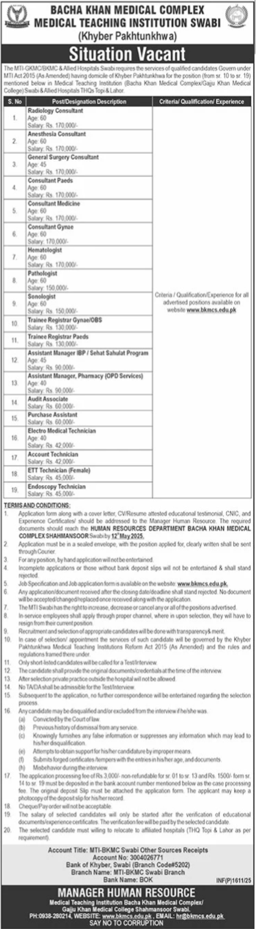 Medical Teaching Institution MTI Swabi Jobs 2025 – Medical Teaching Institute MTI Khyber Teaching Hospital Peshawar Kpk Jobs 2025 — original advertisement