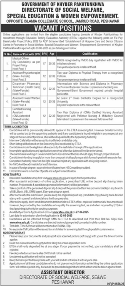 Directorate Of Social Welfare KPK Peshawar Jobs 2025 – Social Welfare Department KPK Jobs 2025 — original advertisement