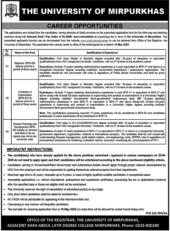The University Of Mirpurkhas Jobs 2025 – The University Mirpurkhas Jobs 2025 — original advertisement
