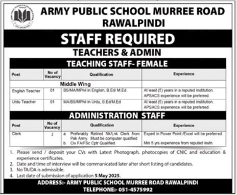 Army Public School APS Rawalpindi Jobs 2025 – Army Public School & College Paksitan Jobs 2025 — original advertisement
