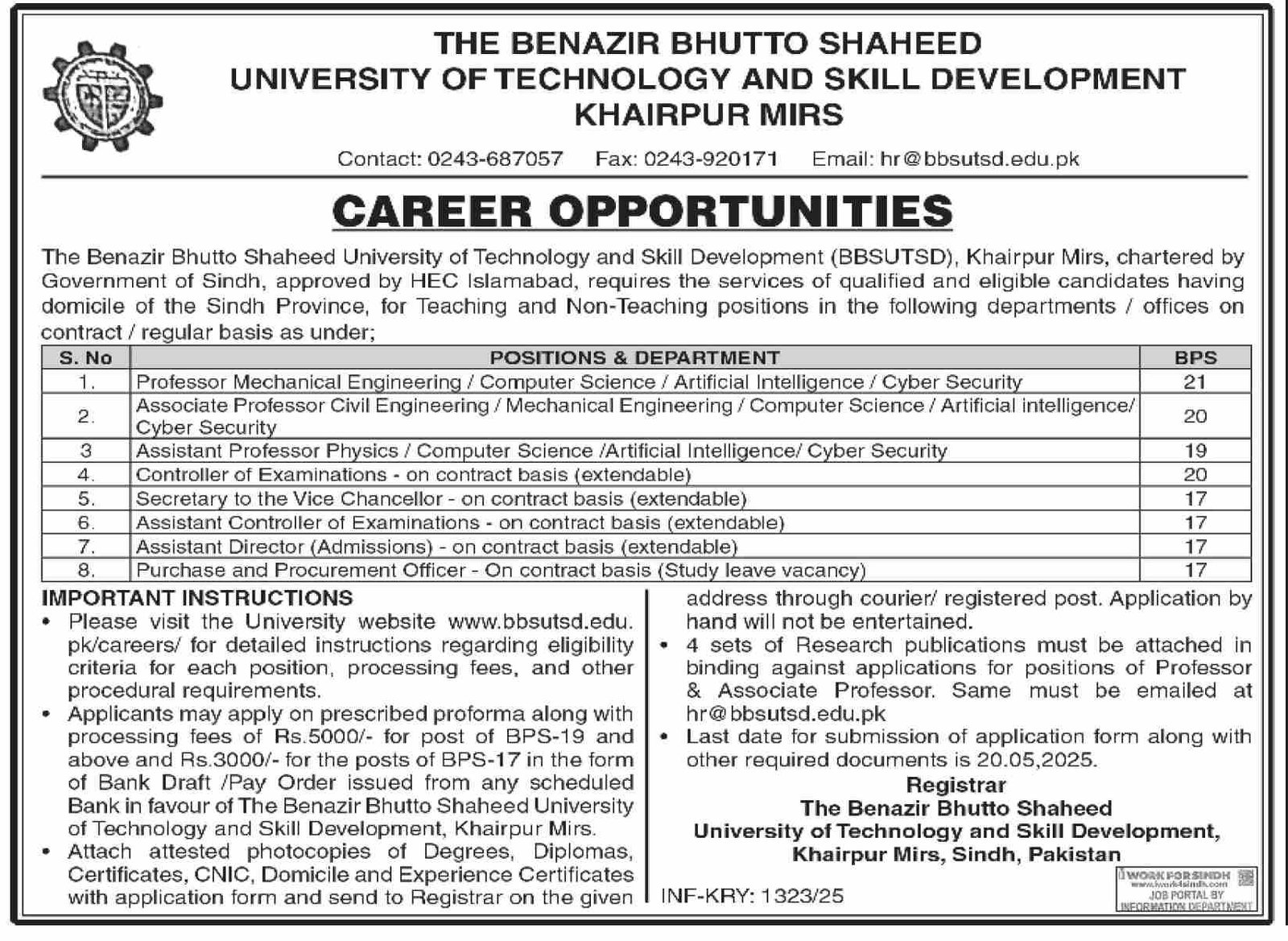 Benazir Bhutto Shaheed University Sindh Jobs 2025 – Benazir Bhutto Shaheed University Lyari Jobs 2025 — original advertisement