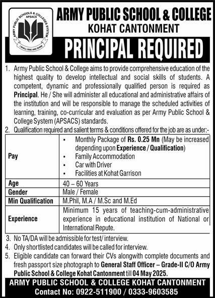 Army Public School & College APS&C Kohat Jobs 2025 – Army Public School & College Paksitan Jobs 2025 — original advertisement
