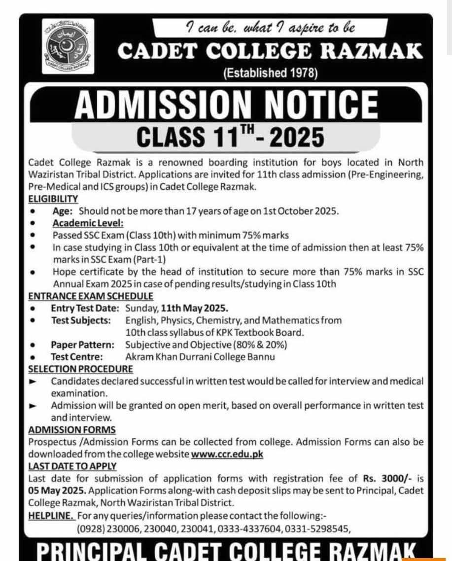 Admission Open in Cadet College Razmak 2025 Admissions 2025 — original advertisement
