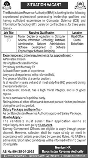 Balochistan Revenue Authority Jobs 2025 – Balochistan Revenue Authority Quetta Jobs 2025 — original advertisement