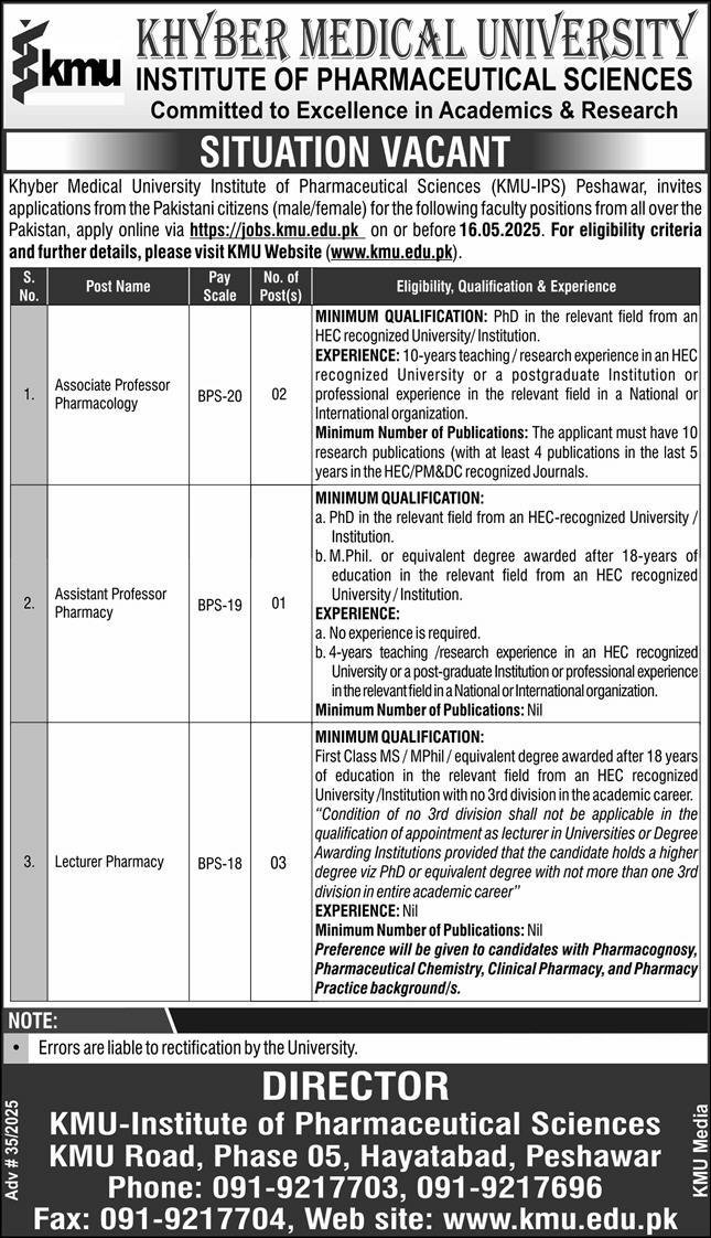 Khyber Medical University KMU Jobs 2025 – Khyber Medical University Peshawar Jobs 2025 — original advertisement
