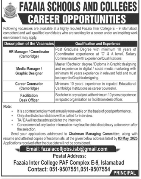 Fazaia Ruth PFAU Medical College Karachi Job 2025 – Fazaia Schools & Colleges Jobs 2025 — original advertisement