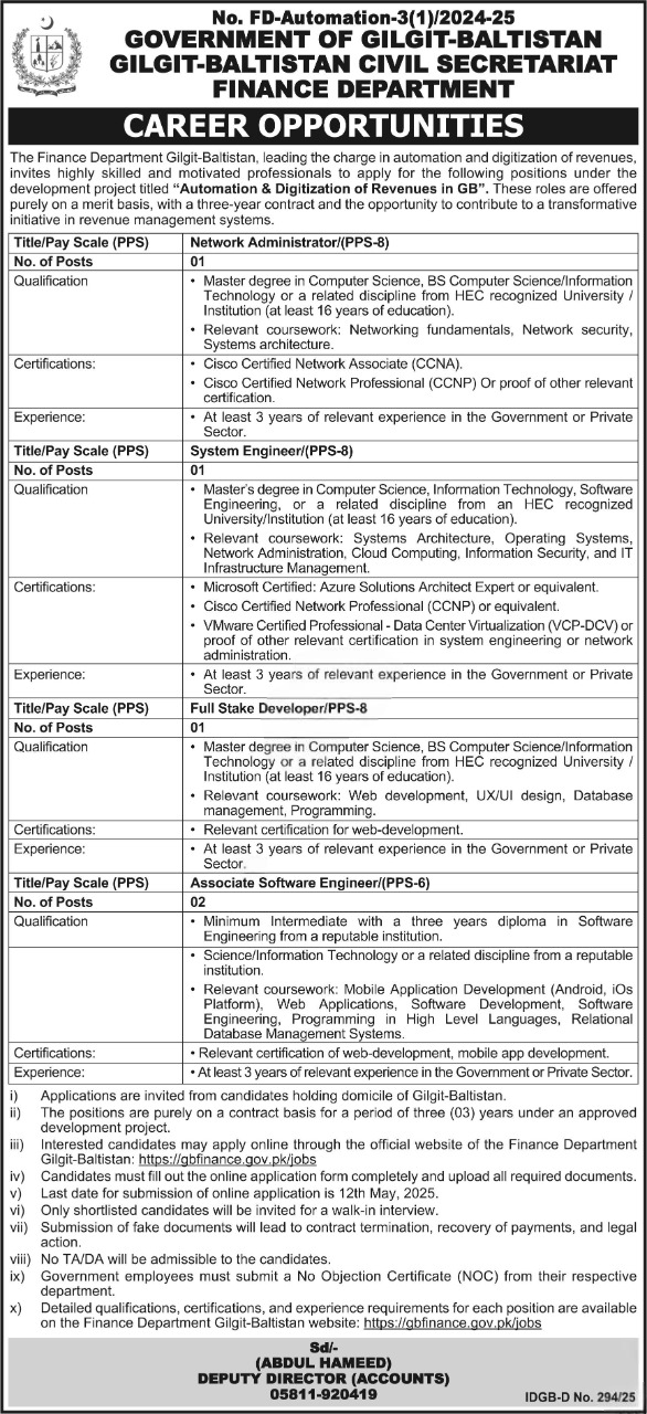 Gilgit Baltistan Civil Secretariat Jobs 2025 – Government of Gilgit-Baltistan Jobs 2025 — original advertisement