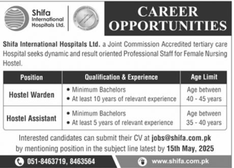 Shifa International Hospital Limited Hostel Staff Jobs 2025 – Shifa International Hospital Islamabad Jobs 2025 — original advertisement