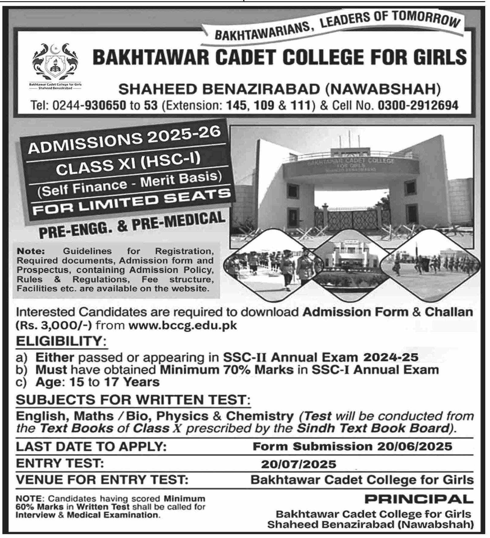 Admission Open in Bakhtawar Cadet College For Girls 2025 – Bakhtawar Cadet College for Girls Shaheed Benazir abad Admissions 2025 — original advertisement