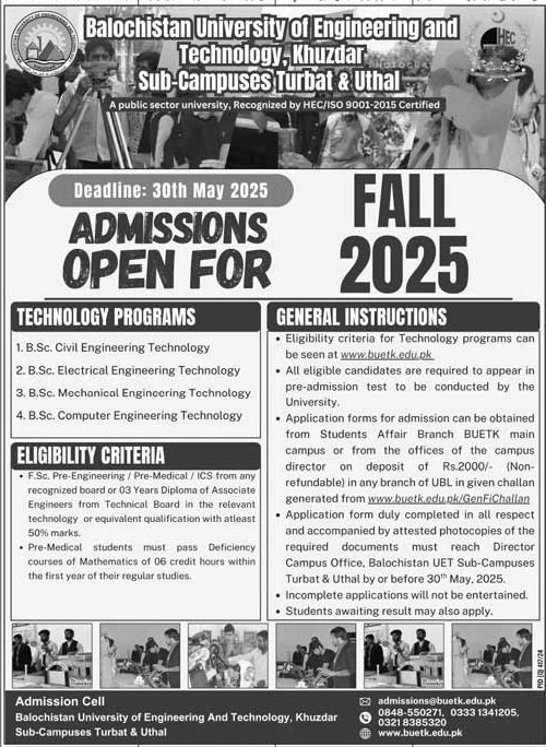 Admission Open in Balochistan University of Engineering 2025 – Balochistan University of Engineering and Technology BUETK Khuzdar Admissions 2025 — original advertisement