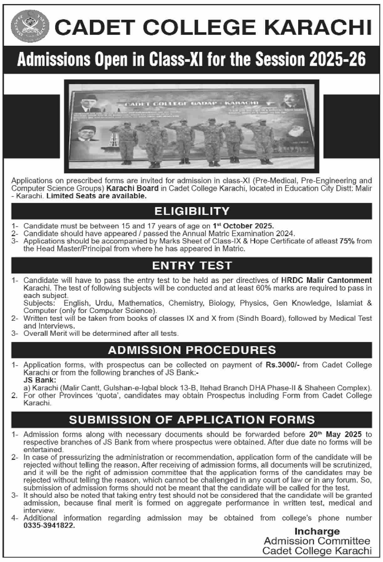 Admission Open in Cadet College Karachi Sindh 2025 – Hub Cadet College Karachi Admissions 2025 — original advertisement