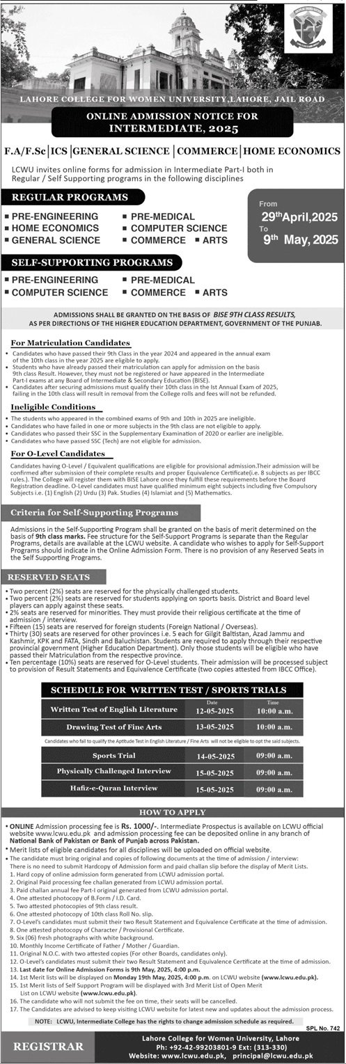 Admission Open in Lahore College For Women 2025 – Lahore College for Women University Lahore Admissions 2025 — original advertisement