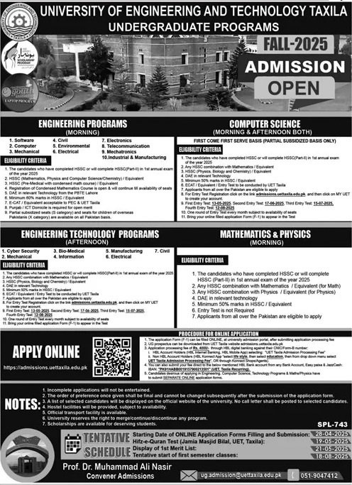 Admission Open in University of Engineering And Technology – University of Engineering and Technology Taxila Admissions 2025 — original advertisement