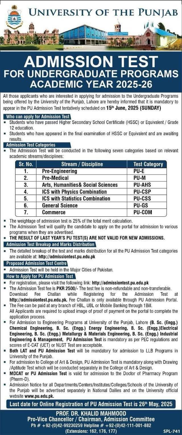 Admission Open in University of The Punjab 2025 – University of Punjab Admissions 2025 — original advertisement