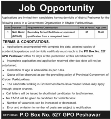 Government Organization Peshawar Job 2025 – Public Sector Organization Jobs 2025 — original advertisement