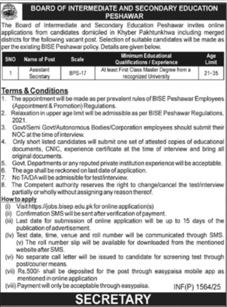 Board Of Intermediate & Secondary Education BISE Job 2025 – Board Of Intermediate and Secondary Education Rawalpindi Jobs 2025 — original advertisement