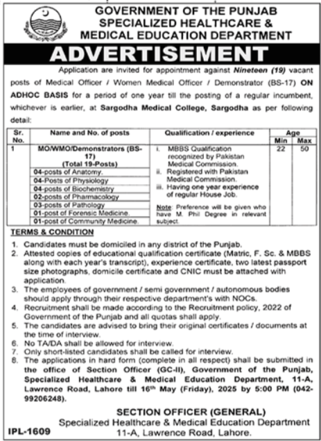 Specialized Healthcare & Medical Education Department Jobs – Specialized Healthcare And Medical Education Department Lahore Jobs 2025 — original advertisement