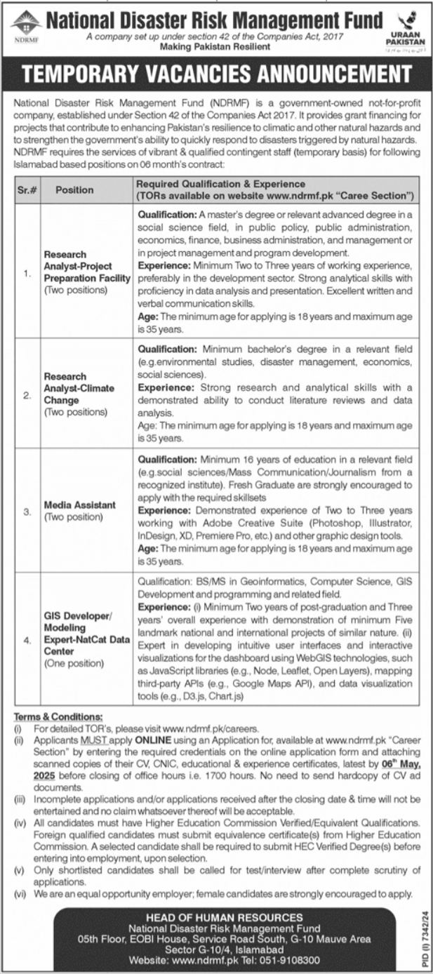 National Disaster Risk Management Fund NDRMF Islamabad Jobs – National Disaster & Risk Management Fund Jobs 2025 — original advertisement