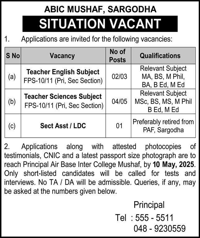 Air Base Inter College ABIC Mushaf Sargodha Jobs 2025 – Air Base Inter College Mushaf Jobs 2025 — original advertisement