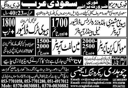 Main Lift Operator & Heavy Machinery Operator Jobs 2025 – Chaudhry Recruiting Agency Jobs 2025 — original advertisement